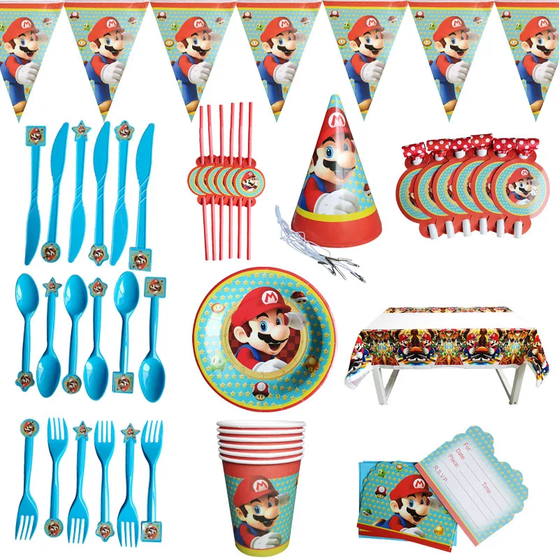 

56PCS/LOT Disposable Tableware For Birthday Party Supplies Bros Party Supplies Decoration Paper Napkin Plate Cups