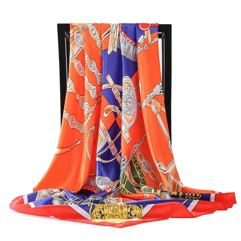 

Luxury Brand Shawl Yellow chain Print Hijab Scarf For Women Silk Satin Scarfs Female 90cm*90cm Square Shawls Scarves For Ladies