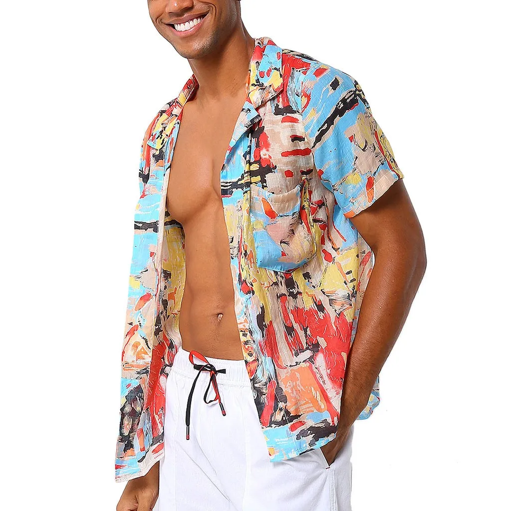 

Mens Pure Cotton Colorful Unique Hawaii Style Summer Ethnic Pattern Print Turn Down Collar Short Sleeve Shirt Men's Clothing