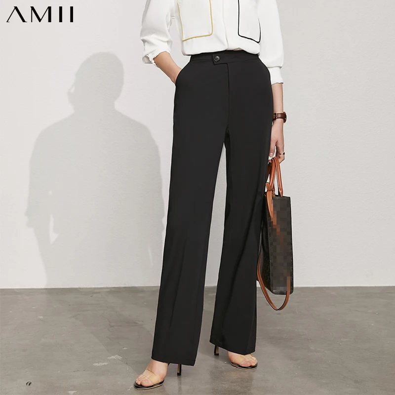 

Amii минимализм летние новые женские брюки Официальные Женские однотонные с высокой талией длинные женские Костюмные брюки повседневные жен...