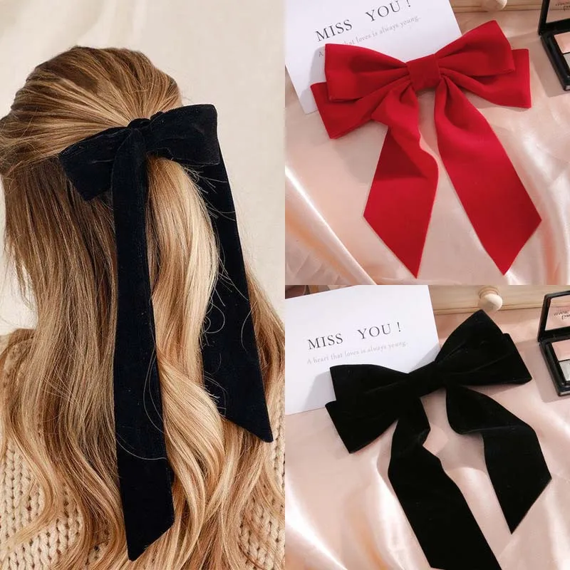 

Vintage Black Big Large Velvet Bow Hair Clip For Women Girls Wedding Long Ribbon Korean Hairpins Barrette Hair Accessories