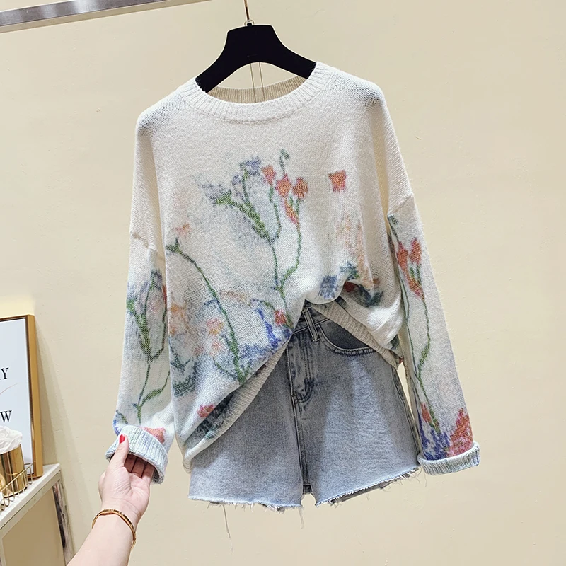 Simple And Elegant Printed Sweater Women's New Mage Lazy Style Loose Fitting Horse Crew Neck Top In Spring 2021 | Женская одежда