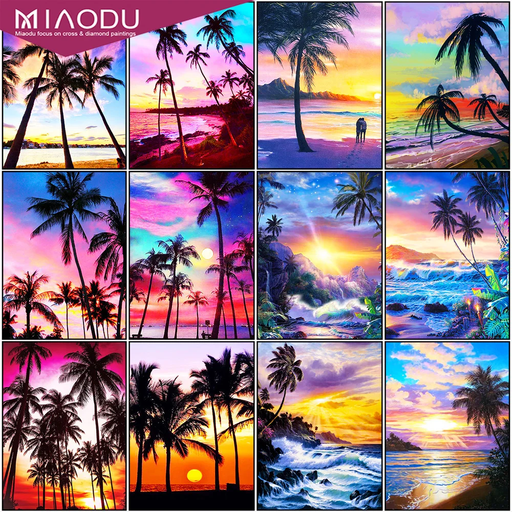 

Miaodu 5D DIY Diamond Painting Landscape Round Drill Diamond Embroidery Seaside Cross Stitch Sunset Decoration Home