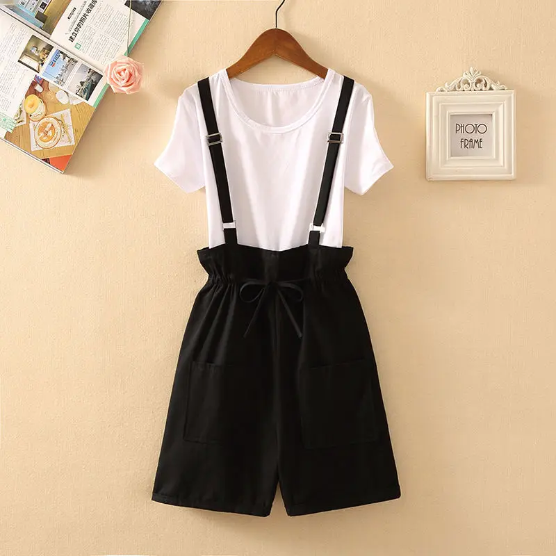 

2021 New Korean Two Piece Set for Women Summer O-neck T-shirt Top and Casual Solid Strap Shorts Suits Women Fashion Outfit Q126