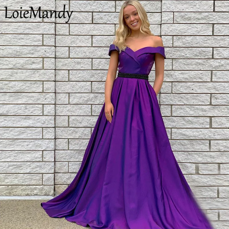 

Classy Off Shoulder Long Prom Dresses 2021 Shining Beading Pearls Prom Party Gowns With Pocket For Women Turkish Evening Gowns