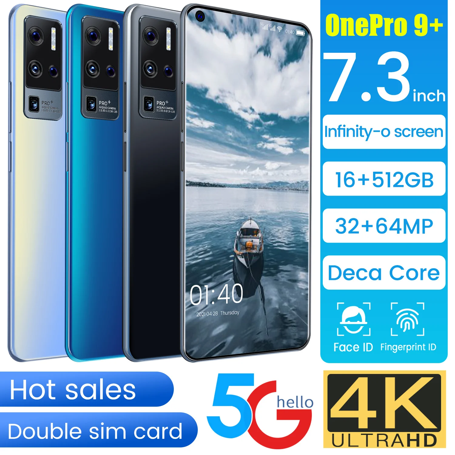 

New Smartphone OnePro 9 Global Version 7.3 Inch Screen 6800mAh Cellphone 16GB 512GB Snapdragon 888 32MP 64MP Camera Face ID