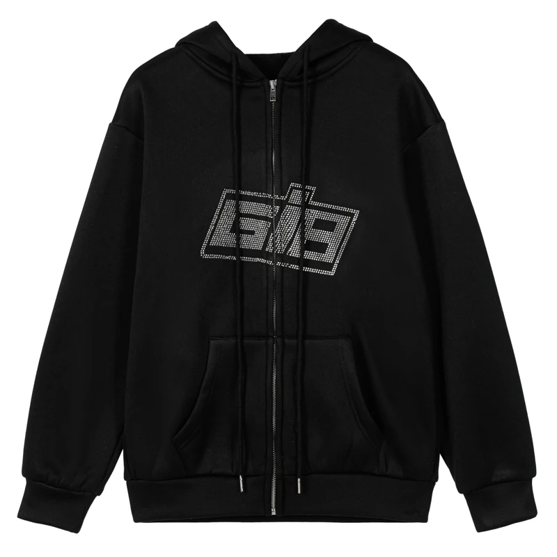 Autumn Winter Y2K Fashion Rhinestone Letter Print Hoodies Women Zip Up Long Sleeve Oversized Black Sweatshirts Casual Streetwear