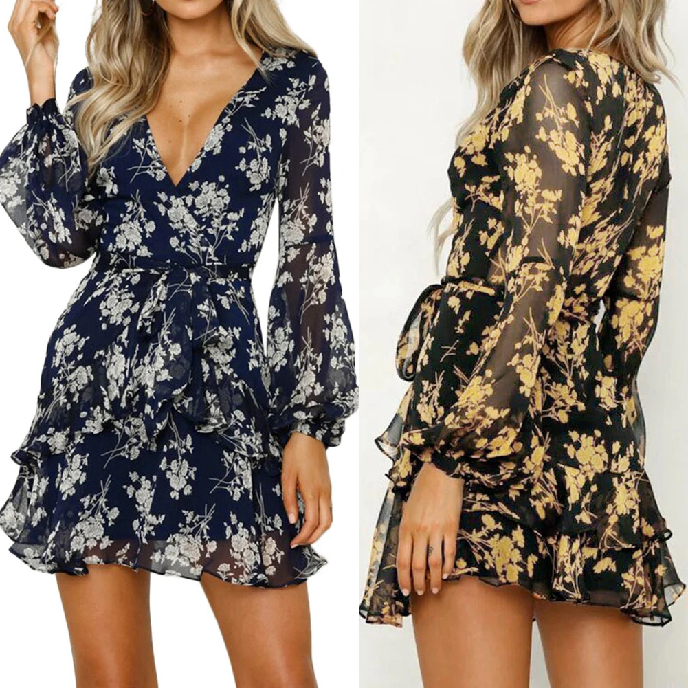 

2021 New Vintage Women Summer Boho Short Mini Dress Long Sleeve V Neck Party Beach Floral Dresses Chiffon Print Dress