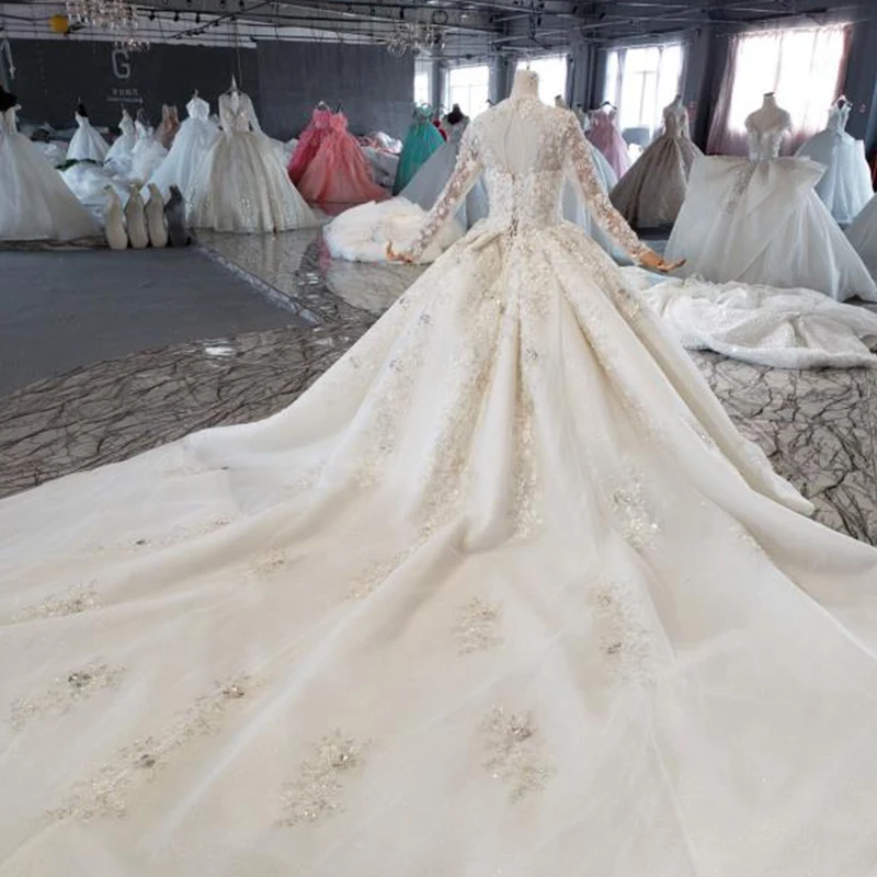 HTL1042 Bridal Vintage Wedding Dresses 2020 Long Train High Neck Long Sleeve Boho Ball Gown Appliques