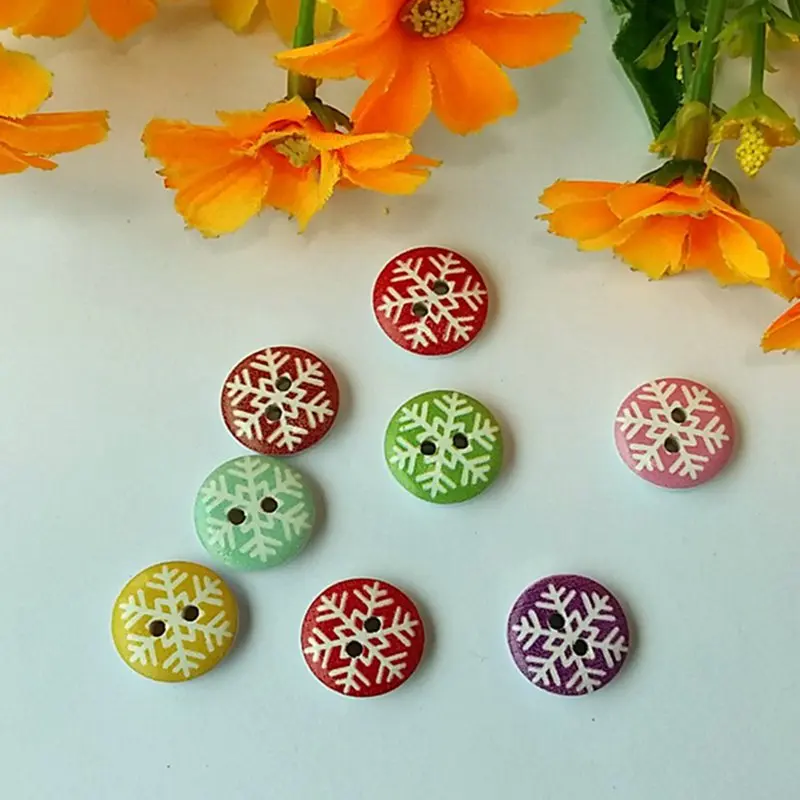 100 шт./лот 15 мм деревянные пуговицы с принтом в виде снежинок принадлежности для