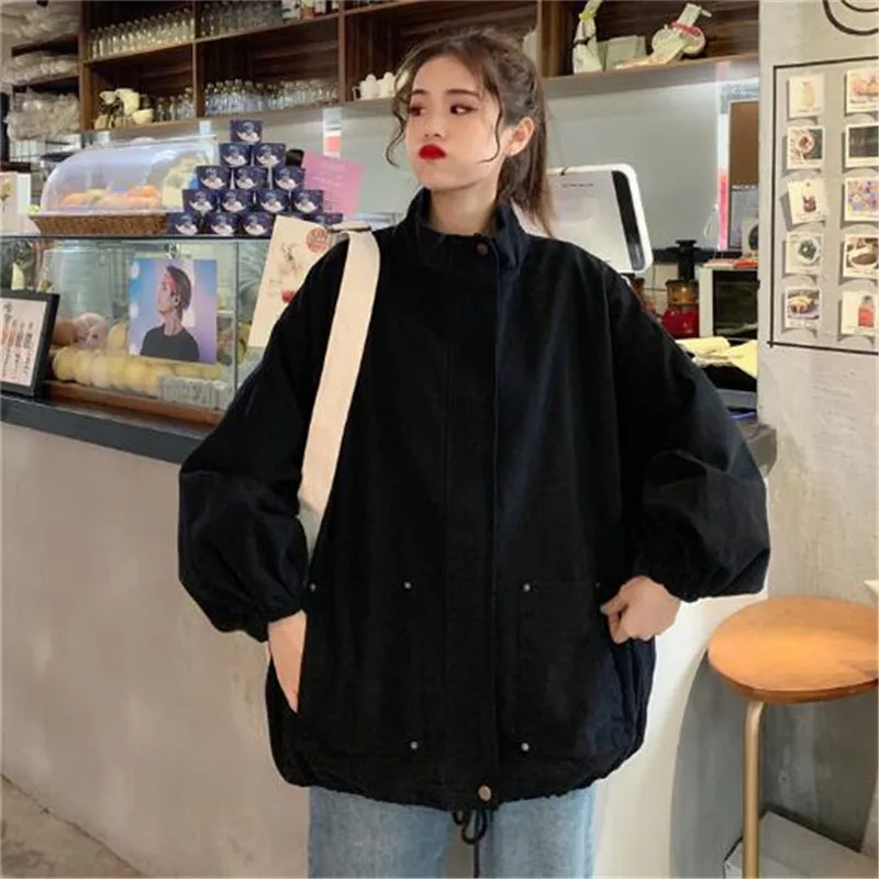 

Cargo Coat Women Loose Jacket Casual Lantern Sleeve Ladies Jackets Korean Style Oversize Women Clothes Stand Neckline 2021