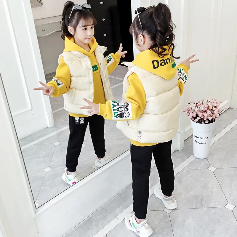 

High Quality Warm Winter Spring Autumn Sweater Pants Vest Sets Kids Girl Suits 3PCS Sports Plus Velvet Outfits Teens Children