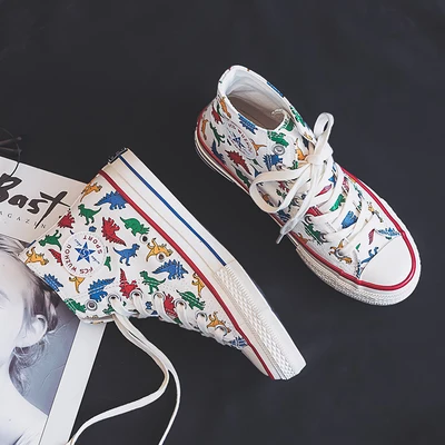 Парусиновая обувь для девочек; сникерсы с динозавром на высоком каблуке с милым рисунком динозавра; Новинка года; сезон осень; стильная модная женская повседневная обувь в консервативном стиле - Цвет: white high