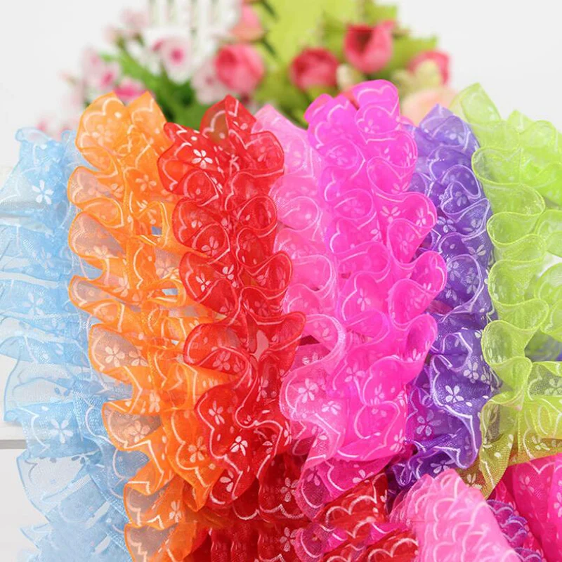 60Yds 2.5cm Pleated Ribbon Flowers Ruffled Lace Edge Gathered Net Trim Edging Trimmings Fabric Embroidered Applique Sewing Craft