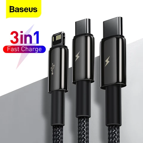 Baseus 3 в 1 USB Type C кабель для iPhone 12 Pro Max Micro USB Android мобильный телефон кабель для Samsung Xiammi USBC провод для передачи данных Шнур