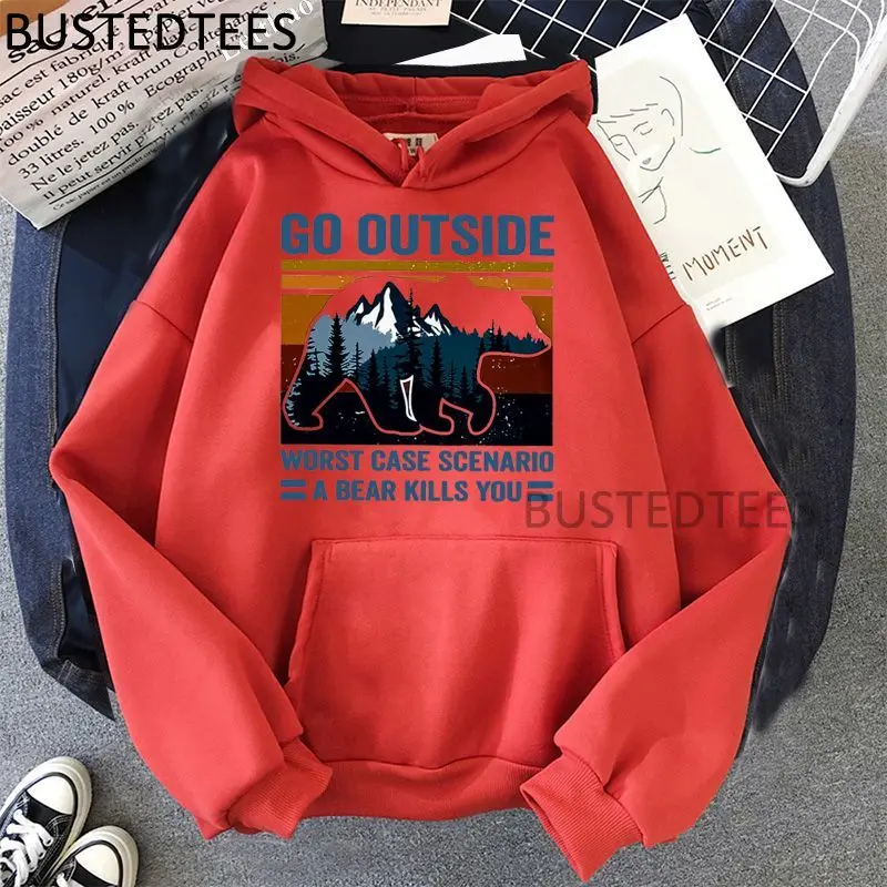 

Go Outside Bear Funny Hoodies Female Casual Harajuku Printed Tops Autumn Winter Casual Long Sleeve Hooded Hoodies Clothing