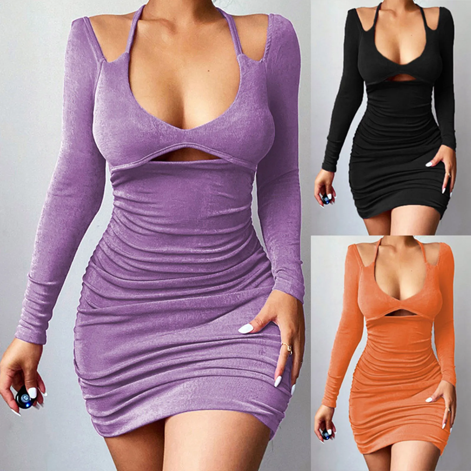 

Женское платье-футляр с открытой спиной, длинным рукавом и U-образным вырезом