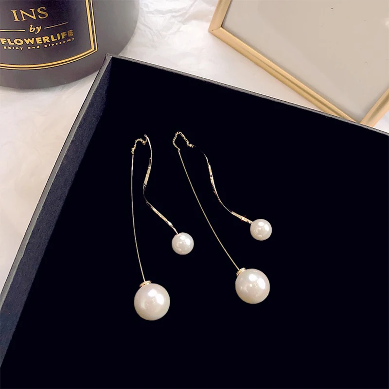 

New Trendy Fairy Simulated Pearl Women Long Earrings White Round Pearl Wedding Pendant Earrings Korean Fashion Jewelry Earrings