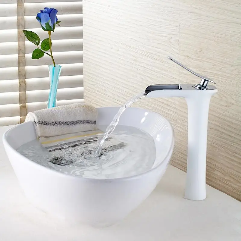 Хромированный и белый высокий смеситель для раковины водопад в ванную комнату