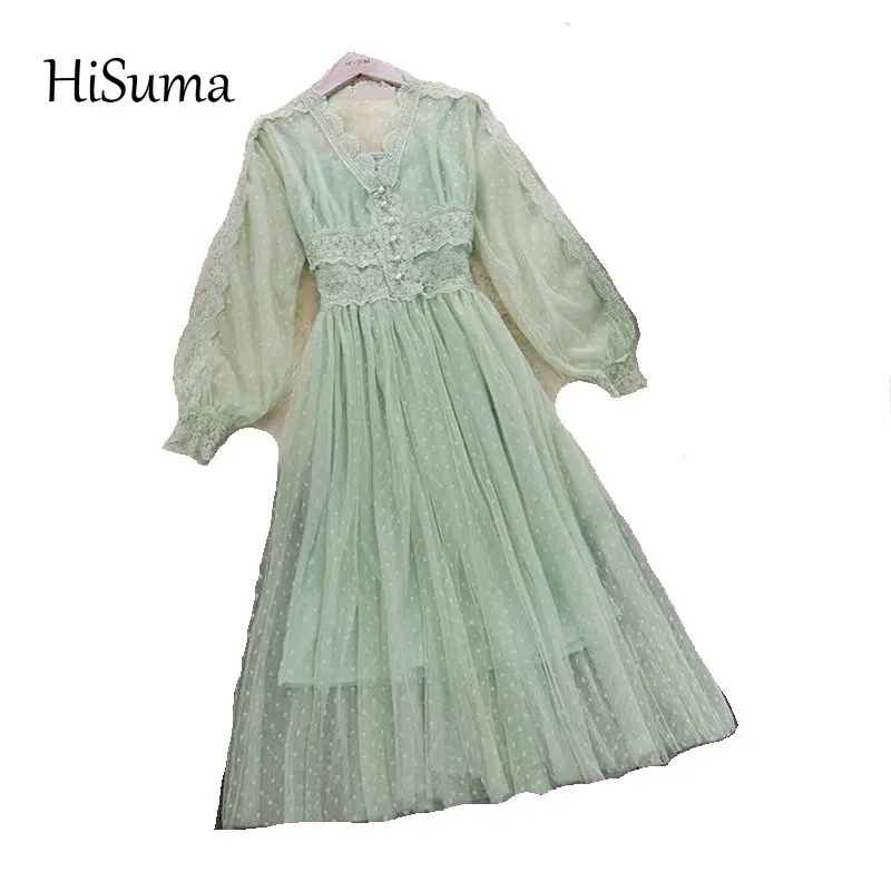 2021 Весенняя новинка женское платье с v образным воротом из сетчатой ткани Рукав