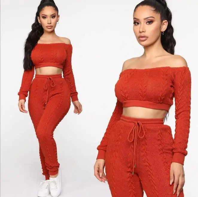 

gym running slash neck Knitted 2 Piece Set Women Long Sleeve Crop Tops And Long Pants Sexy Winter Sweater Two Piece Set Outfits