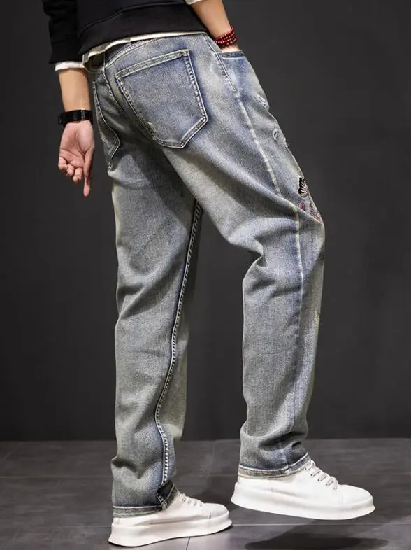 Brocade Carp Embroidered Jeans Men Straight Slim-Fit Distressed Washed Jeans Baggy Denim Pants Size 28-41