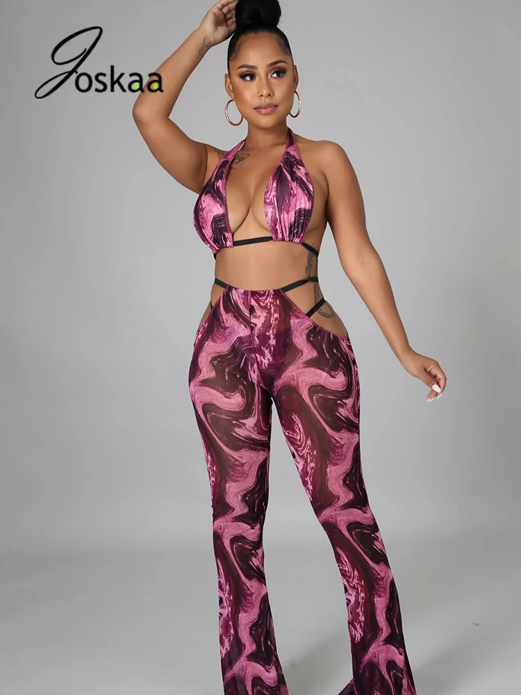 

Joskaa Print Bikini Set+High Waist Wide-Leg Pants 3 Piece Sets Summer Sexy Night Club Outfits For Women Fashion Beachwear 2021