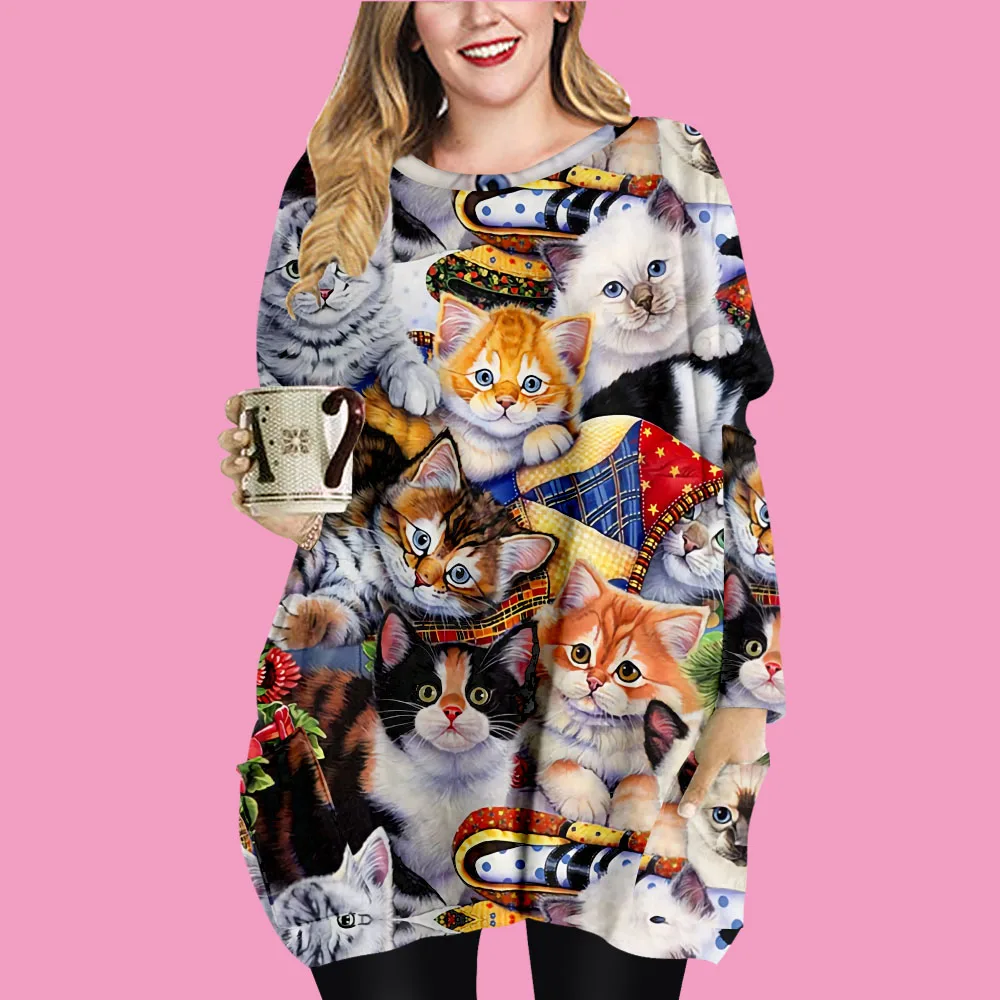 

Plus-size Tops For Women Loose Cat Print Mini Dresses O-neck Dresses Oversize Beach Dress Blouse Long Sleeve Blouse 4XL