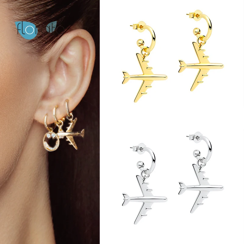 

925 Silver Ear Needle Personalized Airplane Model Stud Earrings For Women C Shape Pendant Fine Earrings Fashion Party Jewelry