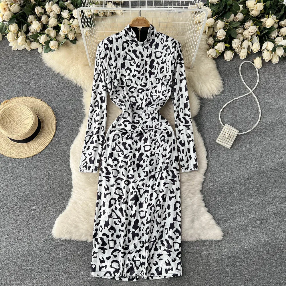 VANOVICH European and American Fashion Design Sense Is Thin Temperament Velvet Leopard Print Dress 2022 Spring Autumn New | Женская
