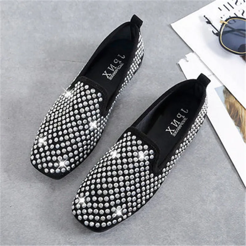 Comfortable Women Flat Shoes Crystals Embellished PU Slip-on Ladies Lazy Loafers 2019 Autumn New Style Casual | Обувь