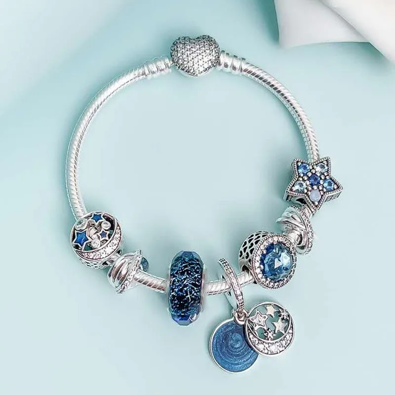 

Genuine 925 Sterling Silver Fashion Star Charm With Heart-shaped Button Bracelet Fit Original Pan Charm Female Diy Jewelry