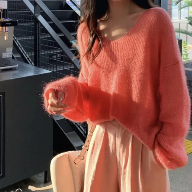 Autumn Women Knitted Sweater Solid Color Mohair Pullover V Neck Sweet Loose Long-sleeve Knitwear Sweaters jumper pull femme Tops | Женская