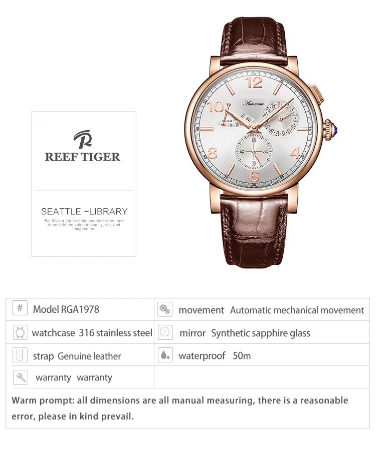Reef Tiger/RT мужские роскошные нарядные часы кожаный ремешок водонепроницаемый power Reser Дата День Многофункциональный автоматический Reloj Mujer rga