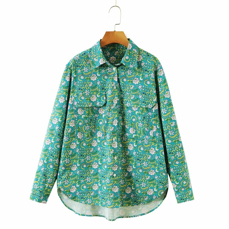 

Женская Повседневная Блузка с цветочным принтом, однобортная свободная зеленая рубашка в стиле ретро с длинным рукавом и карманами, 2021