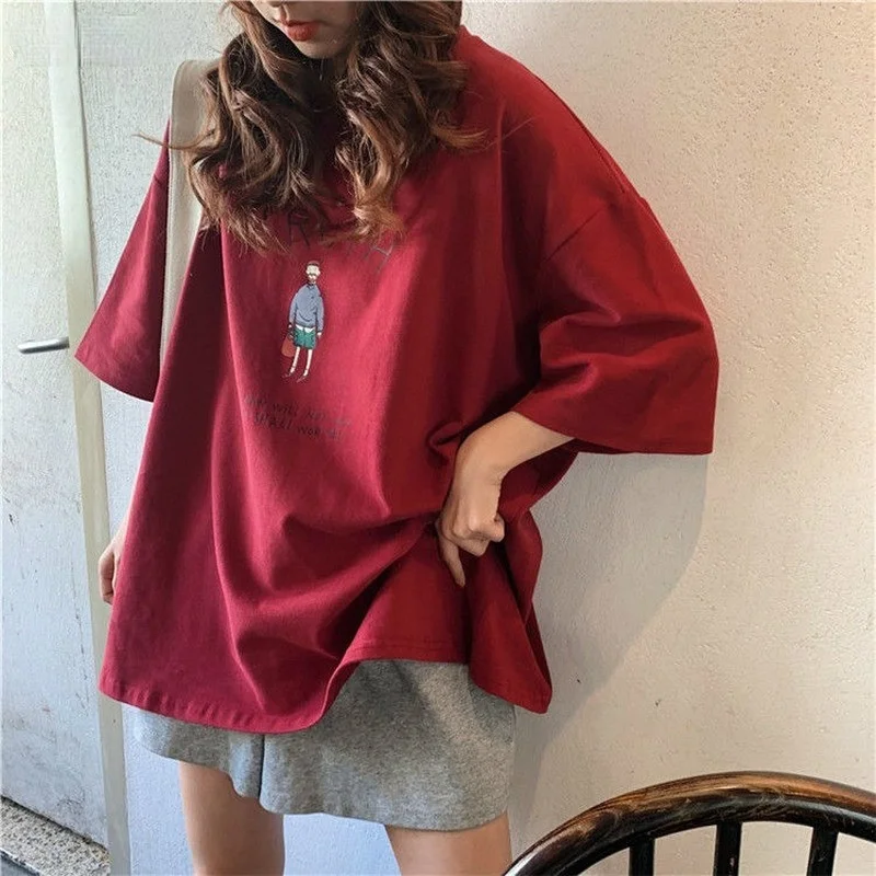 

T-shirts Women Printed Large Size 2XL Korean Style Casual Loose Harajuku Students BF Streetwear Daily All-match Trendy Oversize