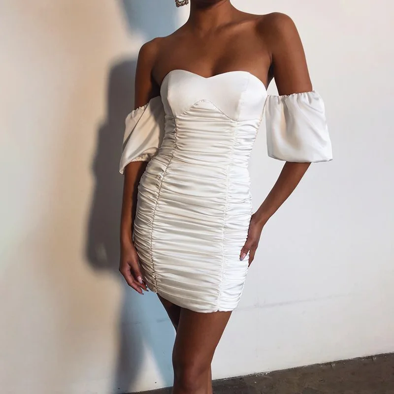 2020 new hot summer one line chest wrap skirt slim fit Hip Wrap Skirt sexy open back pure white breathable pleated women's dress | Женская