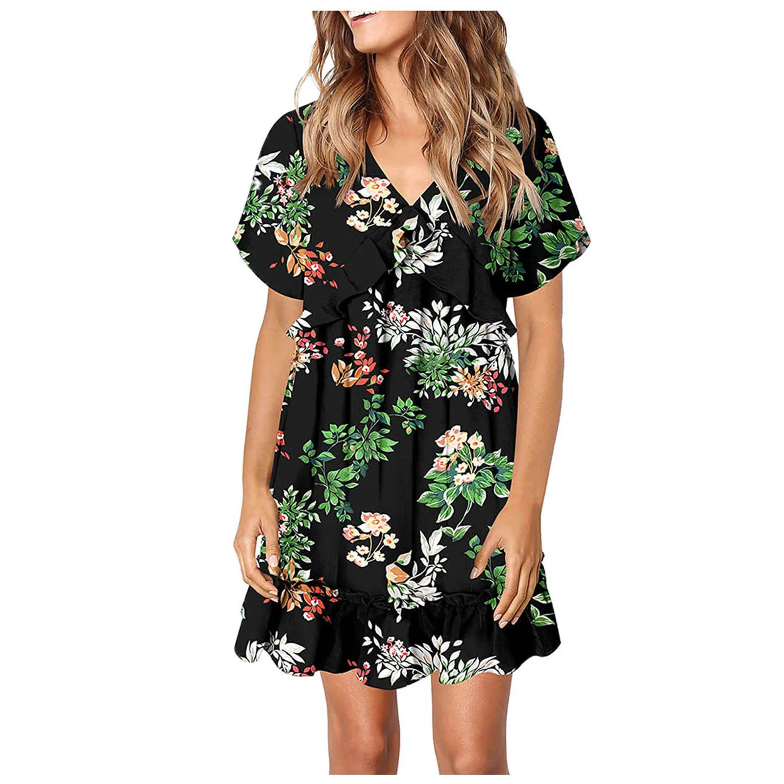 

40# Ruffle Boho Print Dress V-neck Loose Shirt Dress Casual Oversized Summer Dress 2021 Women Vintage Loose Sundress Vestidos