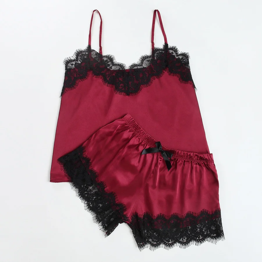 Пикантная Женская одежда для сна кружевной Шелковый Атласный пижамный комплект