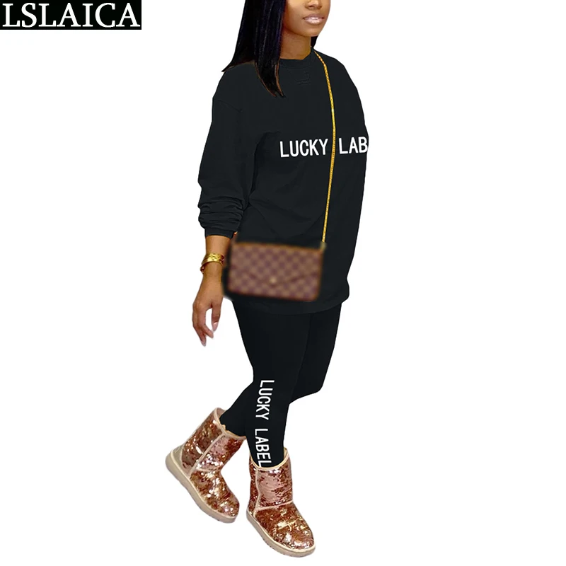 

Two Piece Outfits for Women Sets Autumn Letter Print Solid Long Sleeve Tops Pencil Pants Set Casual Sportswear Sweat Suits 2020