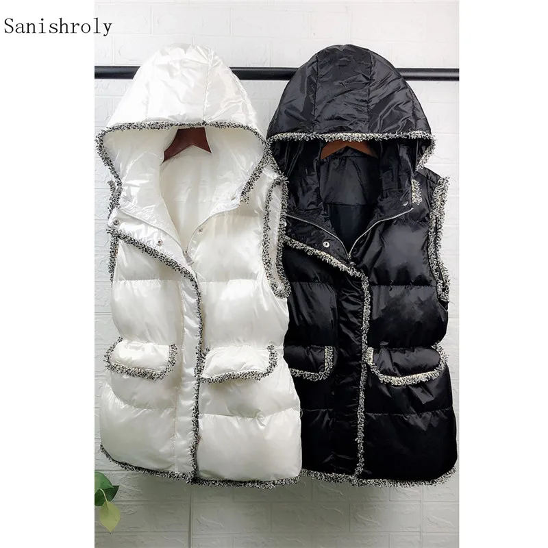 Зимние женские без рукавов с капюшоном пальто средней длины светильник 90% жилет