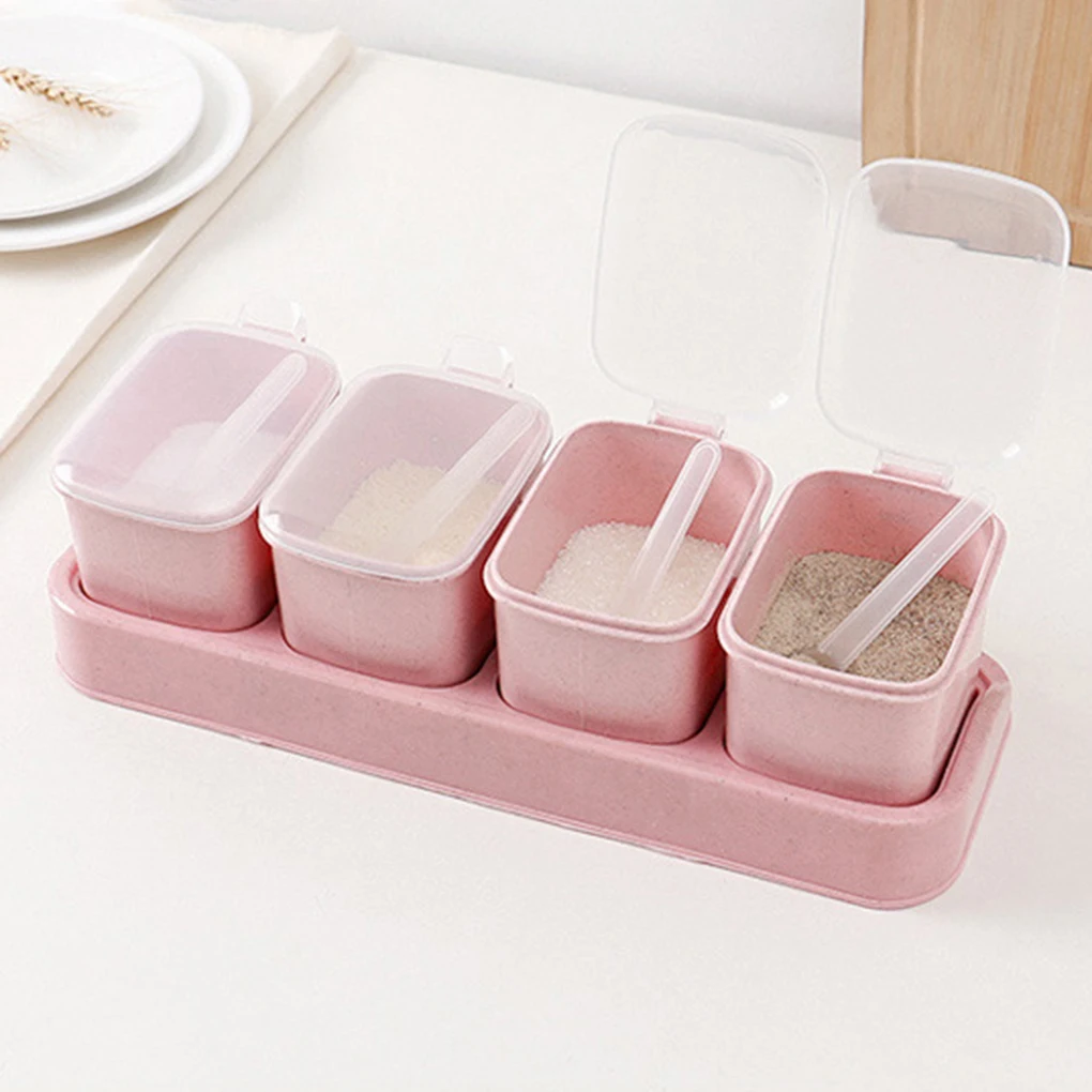High Quality 4 Grid Seasoning Box Set Spice Salt Sugar Jars Pepper Condiment Storage Container with Small Spoon