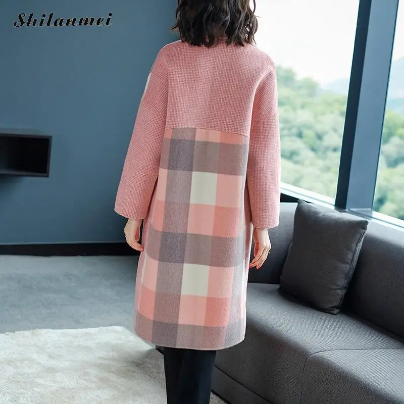 

Pink Wool Blend Overcoat Women Long Style Plaid Woolen Coat Women Korean Ladies Fashion Outwear High Quality Long Woolen Coat