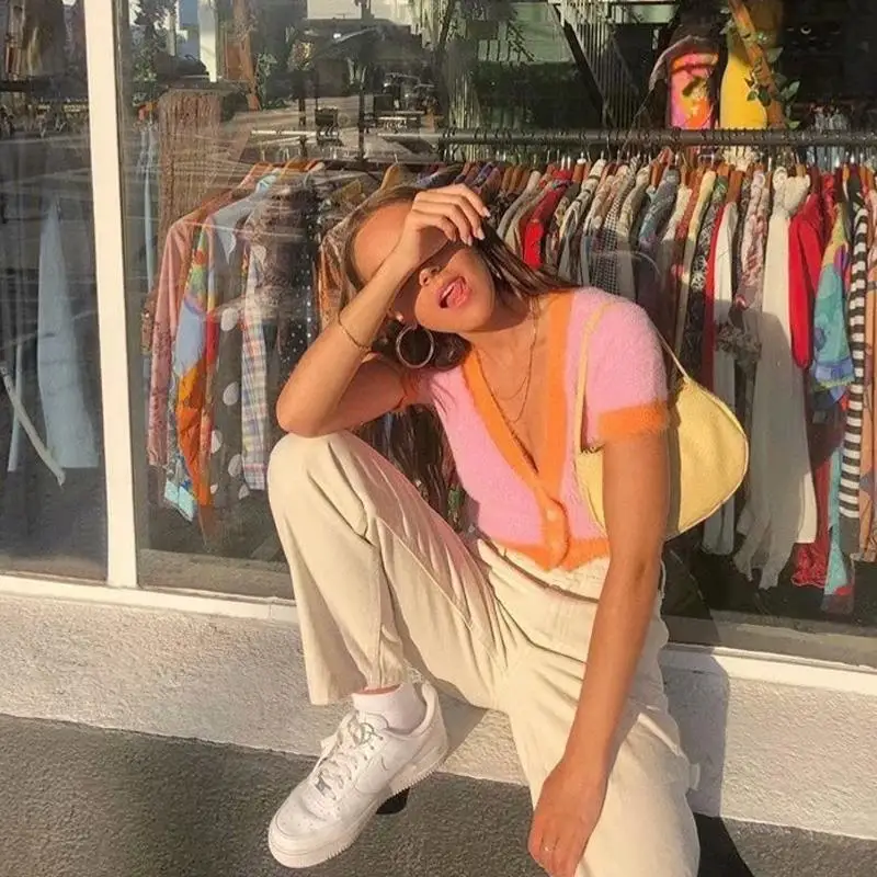 Pink cropped cardigan women knitted sweaters elegant korean crop sweater long sleeve autumn vintage tops short mohair |