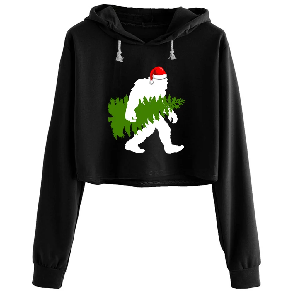 

Bigfoot Santa Claus Fun Christmas Crop Hoodies Women Emo Aesthetic Kpop Korean Pullover For Girls
