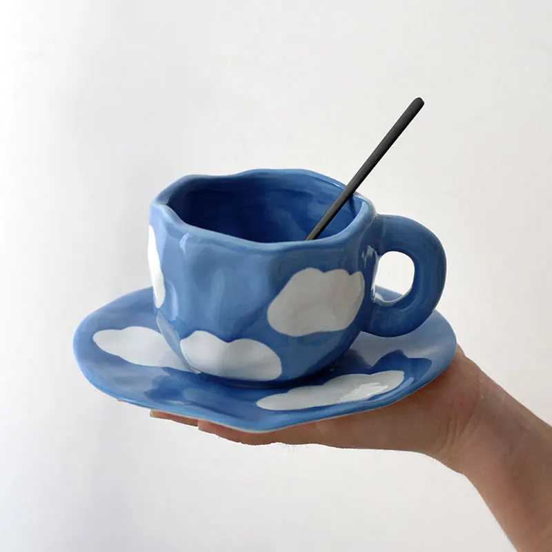 

Creative Hand Painted Underglaze Ceramic Coffee Cup With Saucer Microwave Dishwasher Safe Cute Blue Sky and White Clouds Cup Set