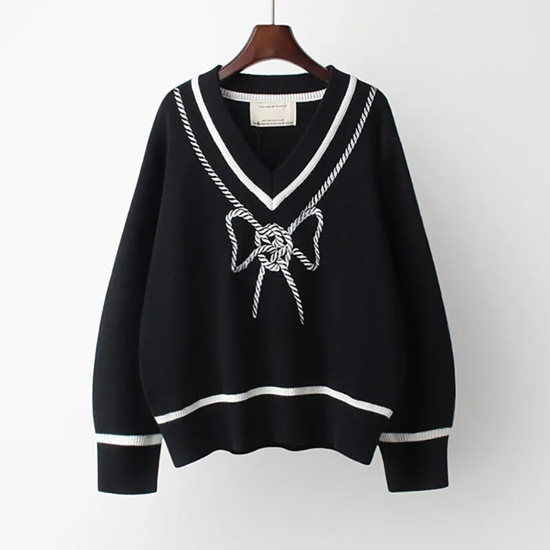 

2020 New Korean Sweet Bowknot Pullover Sweater Causal V-neck Long Sleeve Pull Femme Autumn Women Knitwear Tops Cotton Polyester