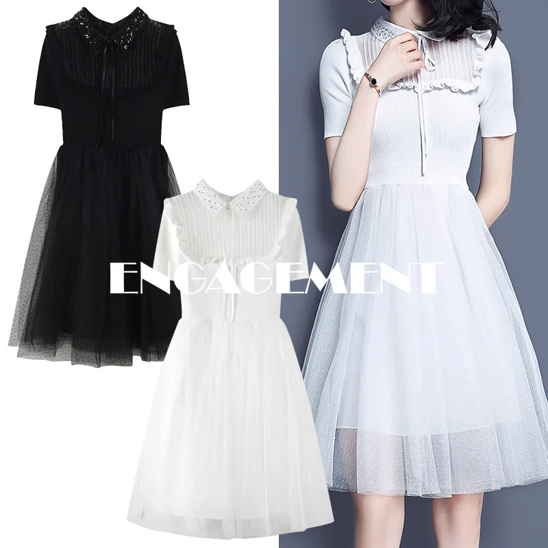 

ENGAGEMENT 2021 Summer Lapel Beaded Slim Short Sleeve Stand Collar Knit Waist A Fairy Dress