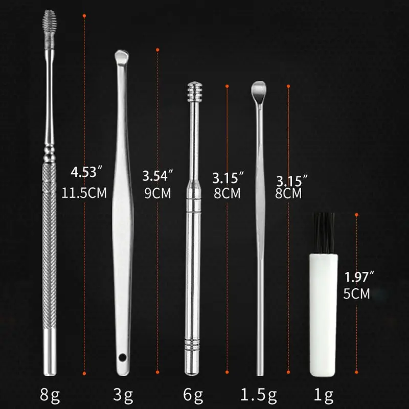 

6Pcs/Set Stainless Steel Ear Wax Removal Tool Cleaner Kit Spiral Earwax Curette Pick Spoons Cleaning Brush Health Care with Case