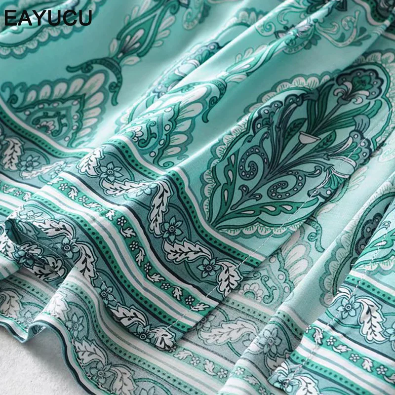 

EAYUCU Floral print v neck high waist elegant women dress new summer short sleeve cotton beach female buttons long dresses ED075